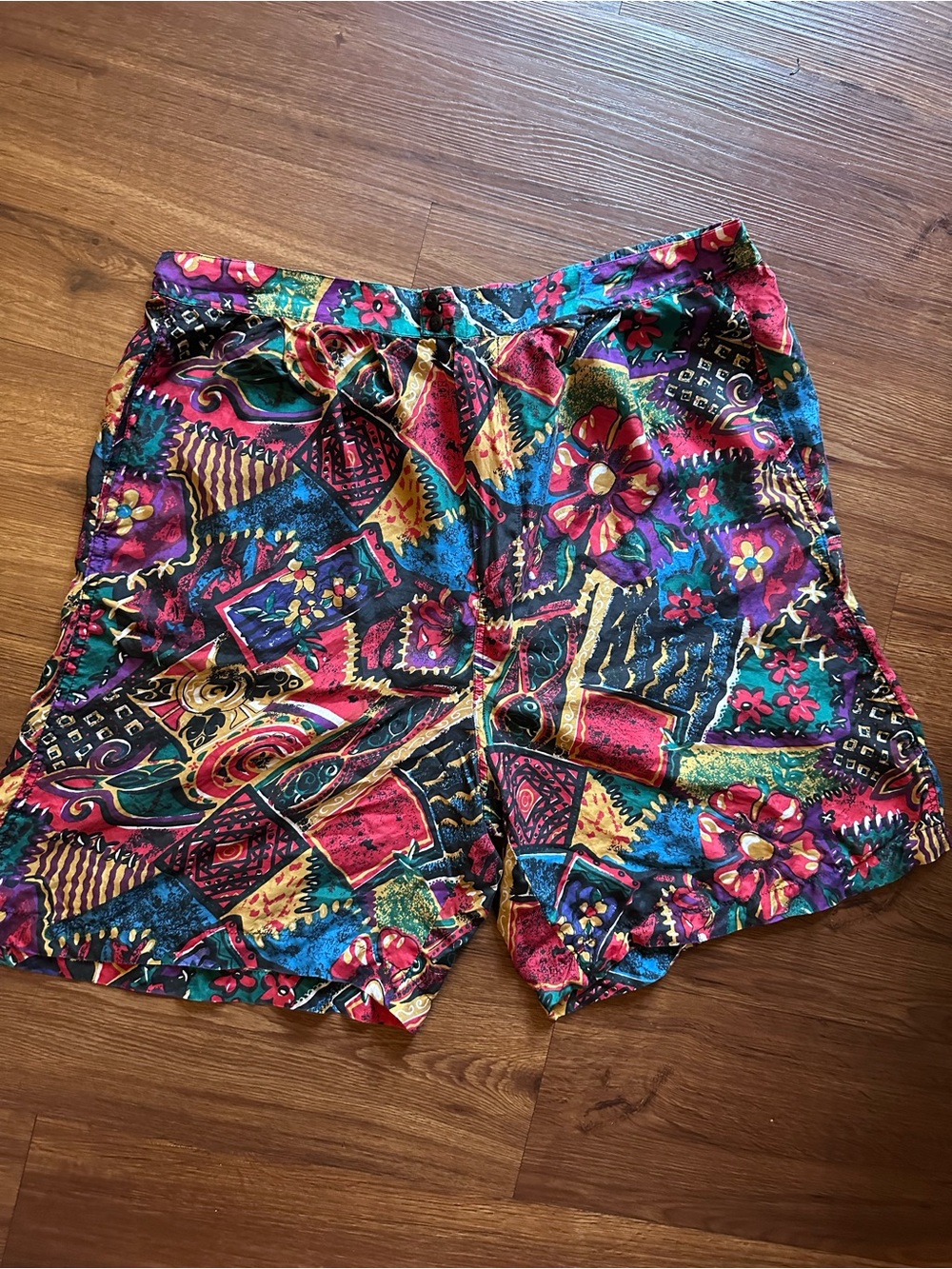 Vintage Bright Multicolor Abstract Floral Silk Shorts